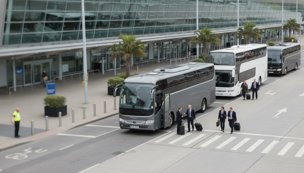 Minimising Business Travel Stress: Group Coach Hire from Gatwick — executive coach meeting a group at Gatwick Airport