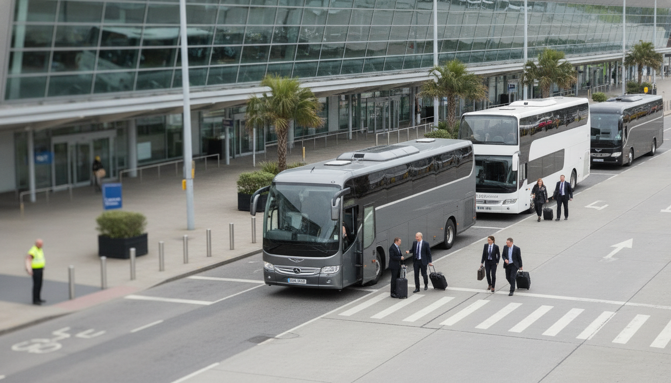 Minimising Business Travel Stress: Group Coach Hire from Gatwick — executive coach meeting a group at Gatwick Airport
