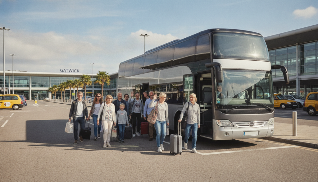 Large Family Gatherings: Hassle-Free Gatwick Airport Coach Transfers — executive coach meeting a group at Gatwick Airport
