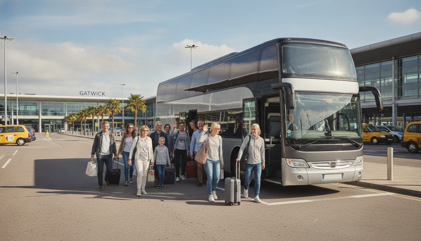 Large Family Gatherings: Hassle-Free Gatwick Airport Coach Transfers — executive coach meeting a group at Gatwick Airport